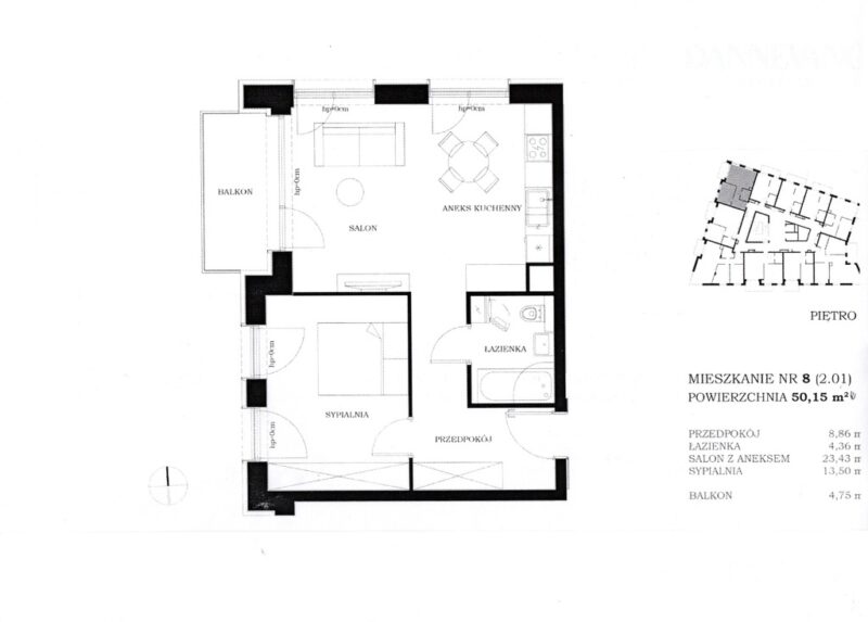 Nowa inwestycja 2 pokoje48,94 m2, Ip. balkon 9 m2