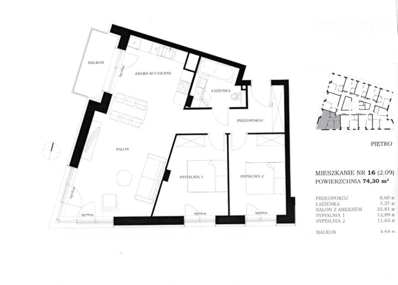 Nowa inwestycja 3 pokoje 72,89 m2, balkon 4,64 m2