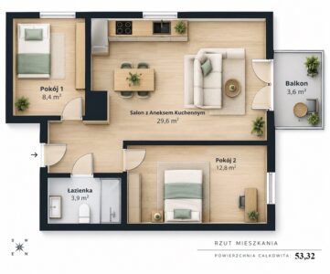 3 Pokoje| 53,32 m²| Balkon| Komórka|Nowa Cukrownia