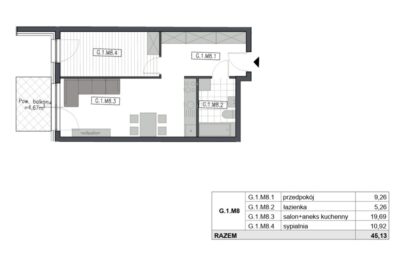 2 pok, 2026r, 45,13m2, balkon, miejsce postojowe