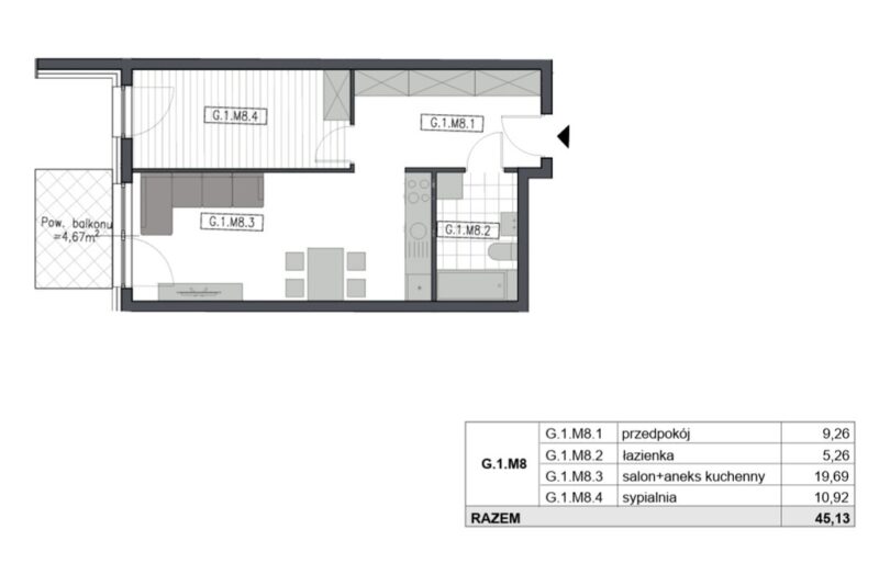 2 pok, 2026r, 45,13m2, balkon, miejsce postojowe