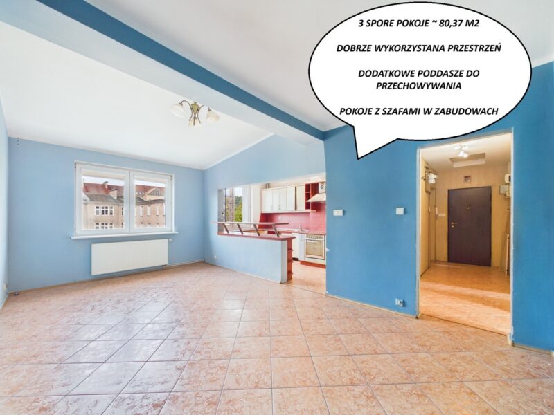 PRZESTRONNE 3 POKOJE | 80,37 m² | WAŁY CHROBREGO |