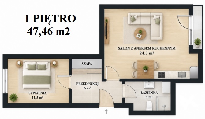 2 pokoje|47,46 m²| Balkon| Garaż w cenie| Szczecin